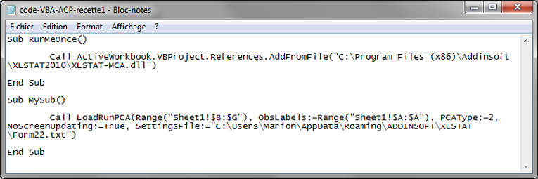 code VBA dans XLSTAT