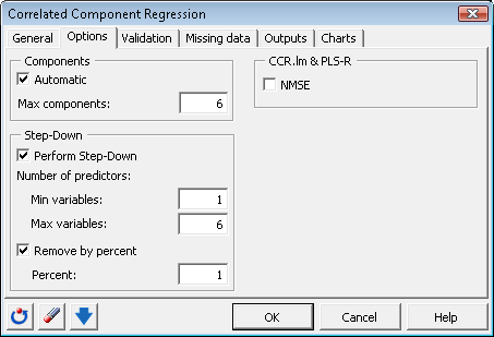 Correlated Component Regression Options dialog box