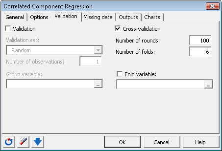 Correlated Component Regression Validation dialog box Correlated Component Regression Validation dialog box