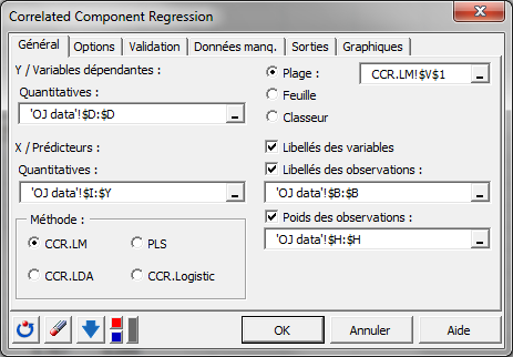 R&eacute;gression par les Composantes Corr&eacute;l&eacute;es : Boite de dialogue / Onglet g&eacute;n&eacute;ral