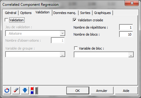 R&eacute;gression par les Composantes Corr&eacute;l&eacute;es : Boite de dialogue / Onglet validation