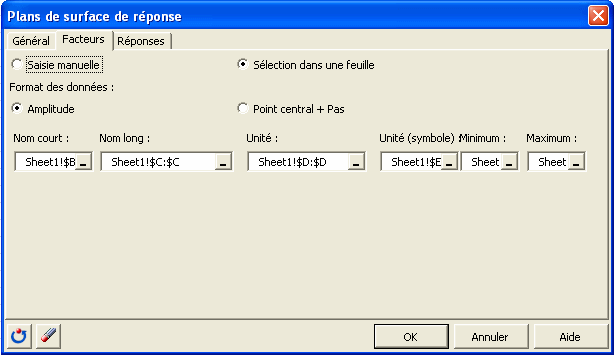 boite de dialogue plans surface de reponse facteurs