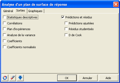 boite de dialogue analyse plans surface de reponse sorties