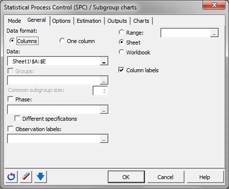 Subgroup charts: Dialog box - Mode Subgroup charts: Dialog box - Mode