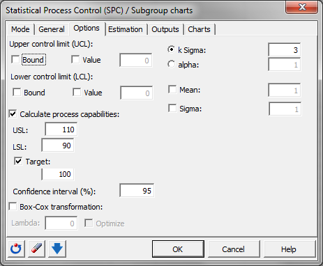 Subgroup charts: Dialog box - Options Subgroup charts: Dialog box - Options