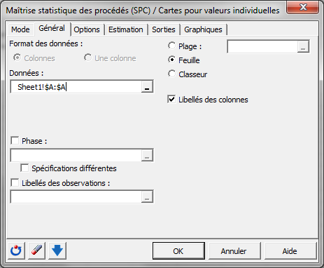 SPC Cartes pour valeurs individuelles- Bo&icirc;te de dialogue - G&eacute;n&eacute;ral