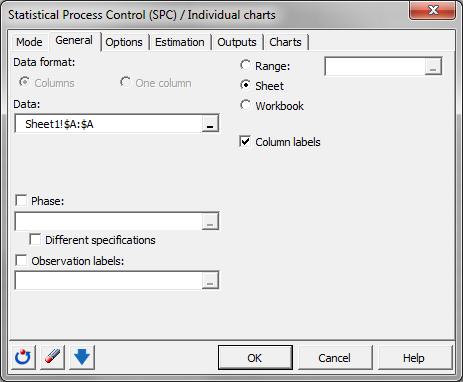 SPC Induvidual charts - Dialog box - General SPC Induvidual charts - Dialog box - General