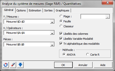 SPC analyse du systeme de mesures quantitatives : Bo&icirc;te de dialogue - G&eacute;n&eacute;ral