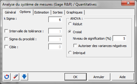 SPC analyse du systeme de mesures quantitatives : Bo&icirc;te de dialogue - Options