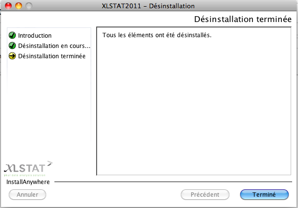 D&eacute;sisntallation de XLSTAT sur Mac OS X - D&eacute;sinstallation r&eacute;ussie